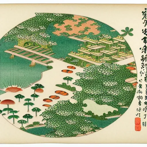 Image similar to 3d isometric botanical illustration of a small city in an island surrounded by water, by maria sibylla merian in Ukiyo-e style, HD