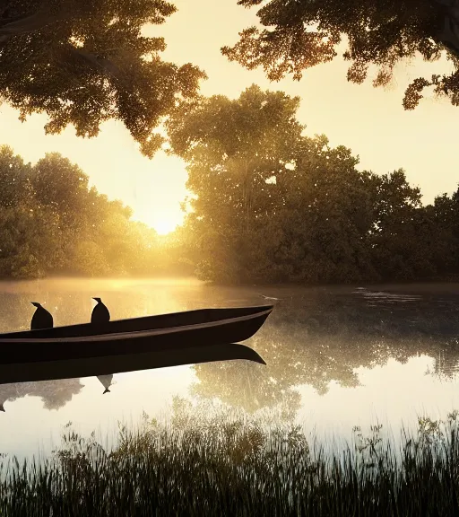 Image similar to three crows standing in a boat in a swamp, the reflection of the swamp, volumetric lighting, fog, majestic light, octane render, ethereal glare of the sun, hyperrealistic, epic, masterpiece, by makoto shinkai