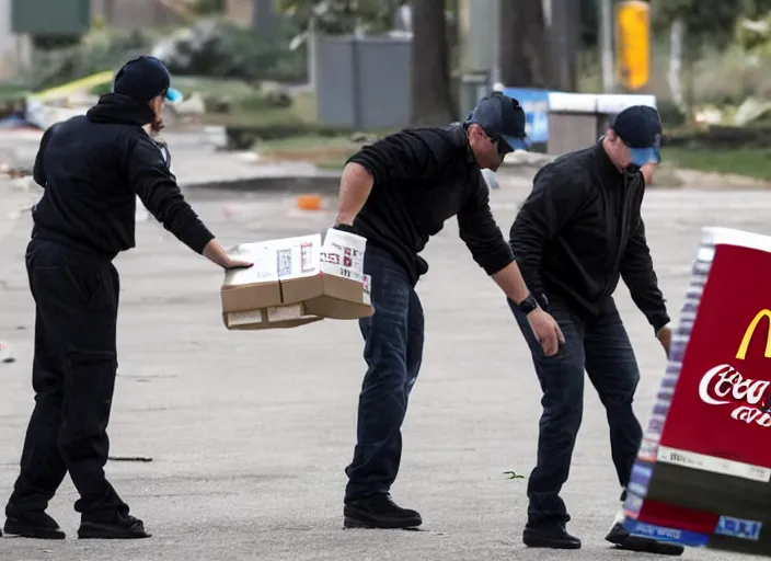 Prompt: film still of fbi agents searching boxes filled with coke cans and mcdonalds boxes in the new political thriller movie, 8 k