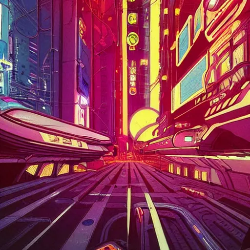 Image similar to astronaut cyberpunk surreal upside down city neon lights moebius