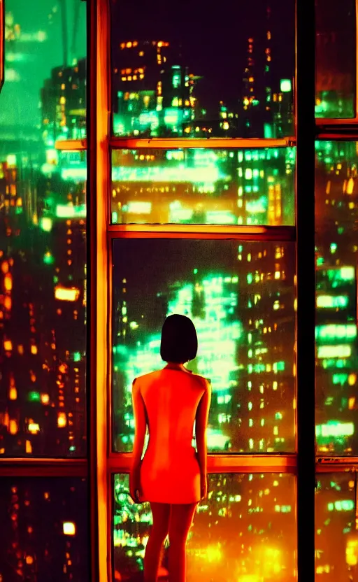 Image similar to realistic vertical photo, girl in 7 0's retro club, editorial, fashion, neon - decorated urban on night in the city seen through window, realistic, modern design, vintage, night, blade runner, dark, clean lines, asian futuristic city at distance, big windows, octane, wide angle