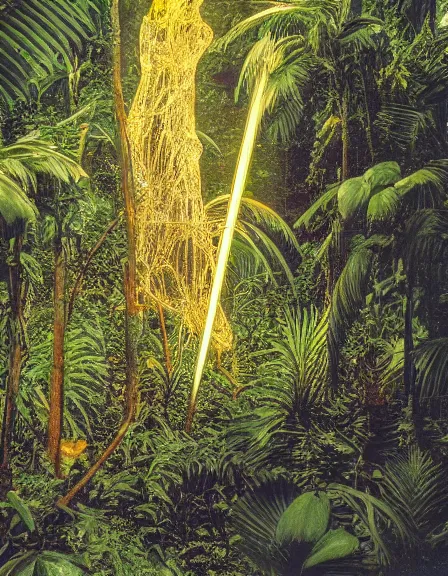 Prompt: vintage color photo of a giant 1 1 0 million years old abstract sculpture made of light beams and liquid gold covered by the jungle vines