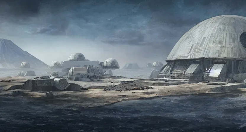 Image similar to the imperial base from Star Wars: Rogue One on Scarif placed on a volcanic planet concept art by Doug Chiang, cinematic,