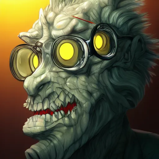Image similar to portrait of aged, smart monster scientist, anime fantasy illustration by tomoyuki yamasaki, kyoto studio, madhouse, ufotable, trending on artstation