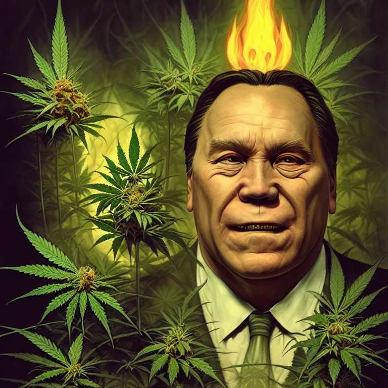 Image similar to a portrait of a cannabis devil premier francois legault in 2 0 2 1 illustrated by miyazaki by karol bak, james jean, tom bagshaw, rococo, sharp focus, trending on artstation, cinematic lighting, hyper realism, octane render, 8 k, hyper detailed, vivid, ultra detailed, highly detailed