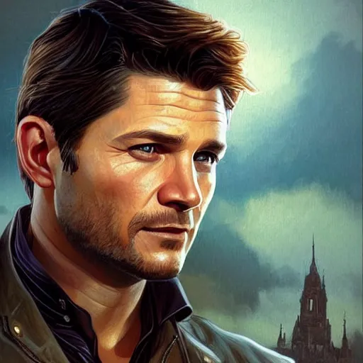 Prompt: A combination of Jensen Ackles's and Orlando Bloom's and Timothy Olyphant's faces as Nathan Drake, western, D&D, fantasy, intricate, elegant, highly detailed, digital painting, artstation, concept art, matte, sharp focus, illustration, art by Artgerm and Greg Rutkowski and Alphonse Mucha