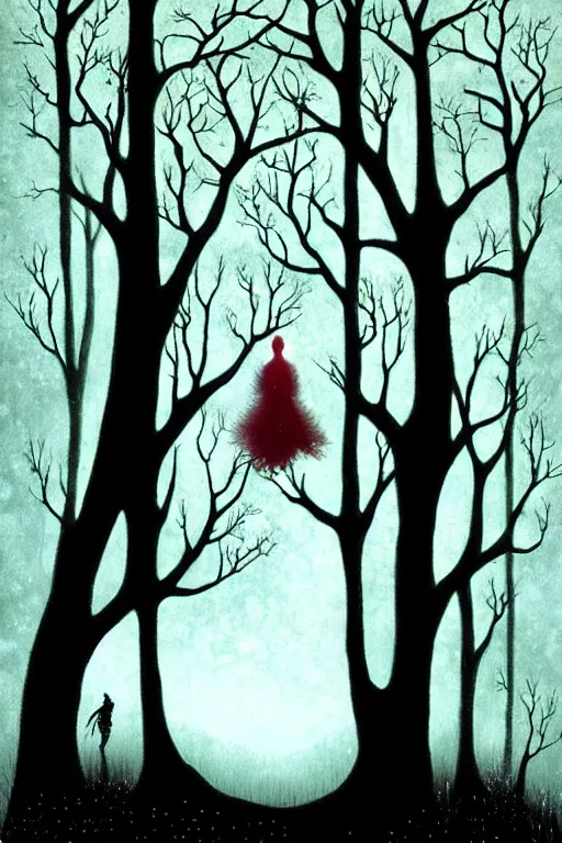 Image similar to surreal, fantasy, fairytale animals, haunted woods in silhouettes, by andy kehoe