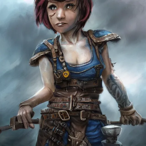 Prompt: realistic full body portrait of a real-life scrappy female gnome engineer with pixie undercut hair, one of her arms is a prosthetic metal thunder gauntlet, standing on a ship deck, thunder fantasy magic, naval background, D&D, highly detailed, digital painting, HD, trending on ArtStation, dark fantasy, great composition, concept art, matte, sharp focus, illustration, by Greg Rutkowski