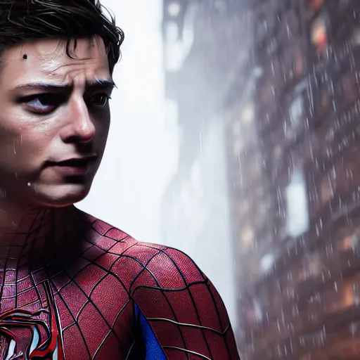 Image similar to Peter Parker as Spiderman , wet face , heavy rain ,dramatic, intricate, highly detailed, concept art, smooth, sharp focus, illustration, Unreal Engine 5, 8K