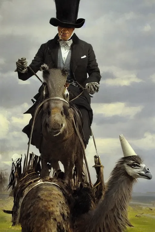 Image similar to portrait of a respectable dignified royal business elite politician wearing a top hat and coat tails riding on an emu, art by anders zorn, wonderful masterpiece by greg rutkowski, beautiful cinematic light, american romanticism by greg manchess, jessica rossier