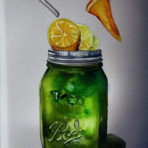 Image similar to Ice Tea in a mason jar, Watercolor, photorealistic, high resolution, award winning, trending on artstation, art poster, art by artgerm