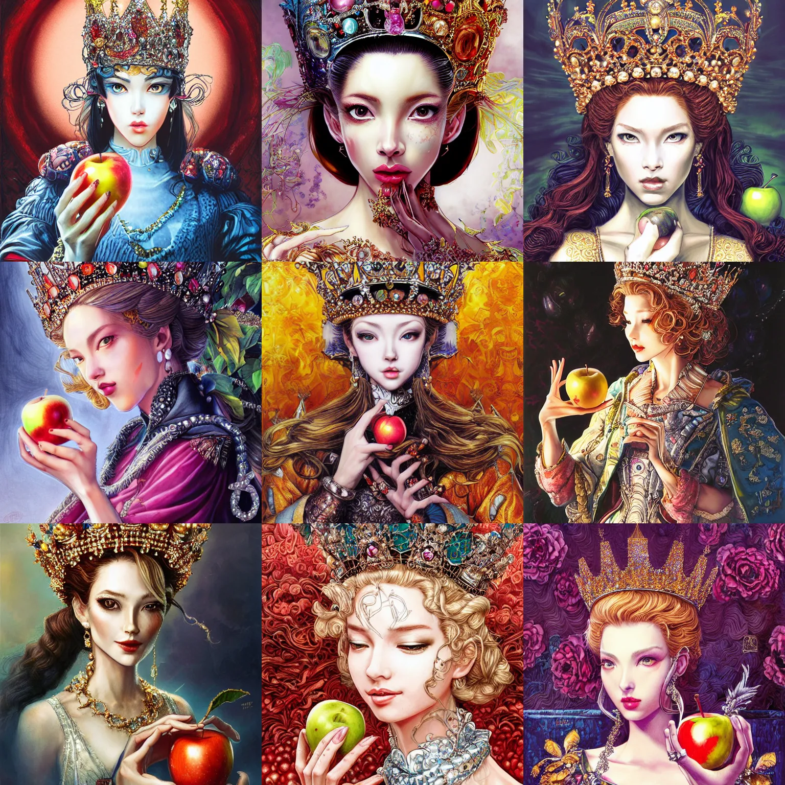 Prompt: potrait of a beautiful queen wearing a luxurious crown is holding an apple in her hand, face is highly detailed, by masamune shirow, ayami kojima, josan gonzalez, yoshitaka amano, dan mumford, barclay shaw