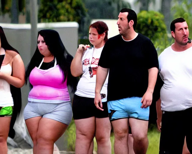 Image similar to fat gamer adam sandler wearing gamer shorts. surrounded by adoring female goth vampires.
