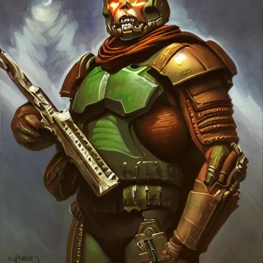 Image similar to The Doomguy as a fantasy D&D character, portrait art by Donato Giancola and James Gurney, digital art, trending on artstation