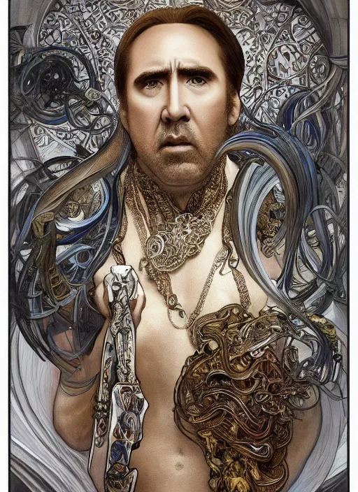 Image similar to Nicolas Cage as God of Beauty, brutal, fantasy, intricate, elegant, highly detailed, digital painting, 4k, HDR, concept art, smooth, sharp focus, illustration, art by alphonse mucha,artgerm, H R Giger