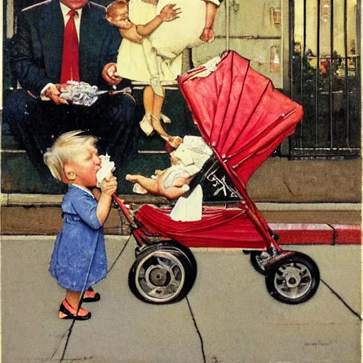 Prompt: norman rockwell style painting of donald trump taking candy from a baby in a stroller on the sidewalk of 5 th avenue in nyc