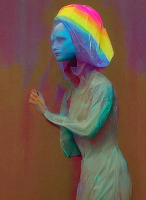 Image similar to colorful rainbow woman in a translucent clothing made from plastic bag with paper bags for clothes standing inside paper bags with paper bag over the head at store display, highly detailed, artstation, art by paul lehr, edward hopper, zdislav beksinski, wayne barlowe