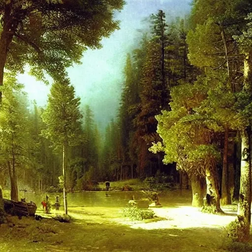 Image similar to masterpiece oil painting of a fantasy hotel in a beautiful forest by ivan shishkin and aivazovsky, highly detailed