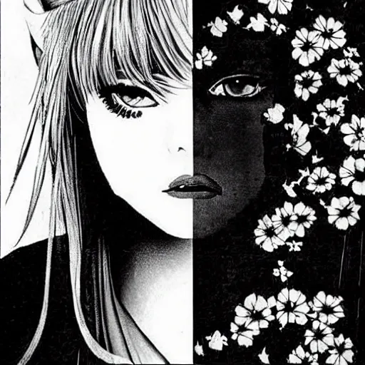 Image similar to symmetrical pretty elegant brigitte bardot as a vampire with friend, very detailed style of takato yamamoto lots of flowers