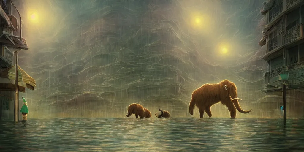 Image similar to a realistic cell - shaded studio ghibli concept art from paprika ( 2 0 0 6 ) of a giant wooly mammoth in a flooded futurist city on a misty starry night. very dull colors, wide shot, hd, 4 k, hq