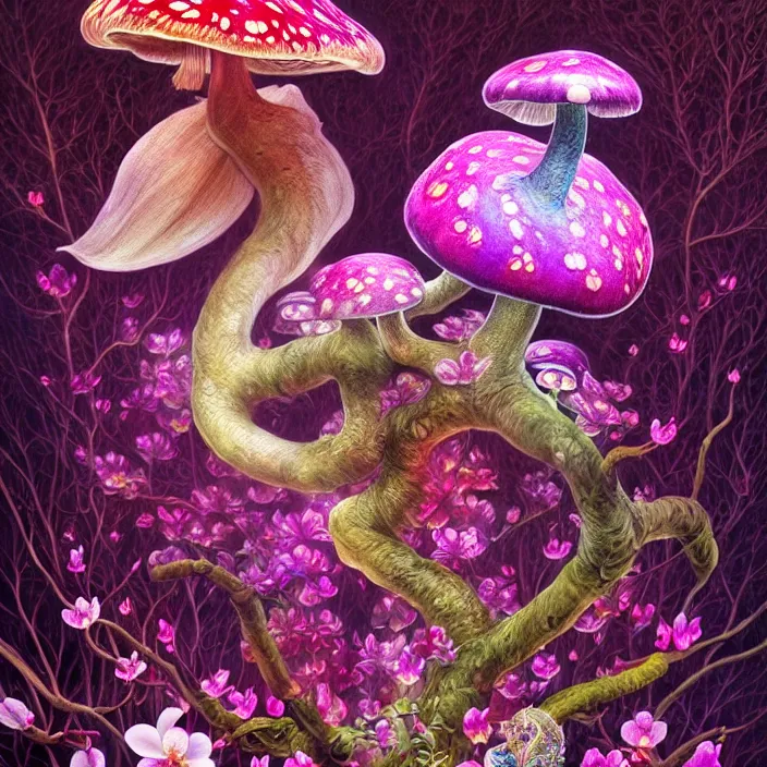 Prompt: extremely psychedelic animal made of orchid and cherry blossom tree and mushroom, LSD animal, diffuse lighting, fantasy, intricate, elegant, highly detailed, lifelike, photorealistic, digital painting, artstation, illustration, concept art, smooth, sharp focus, art by John Collier and Albert Aublet and Krenz Cushart and Artem Demura and Alphonse Mucha