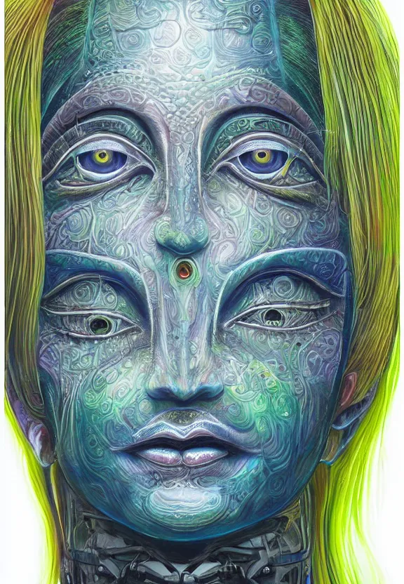 Prompt: perfectly centered portrait, front view of a beautiful biomechanical alien android robot buddha, female, flowing hair, intense stare, sarcastic smile, symmetrical, concept art, intricate detail, psychedelic colors, volumetric shadows and lighting, realistic oil painting by alex grey and h. r giger,
