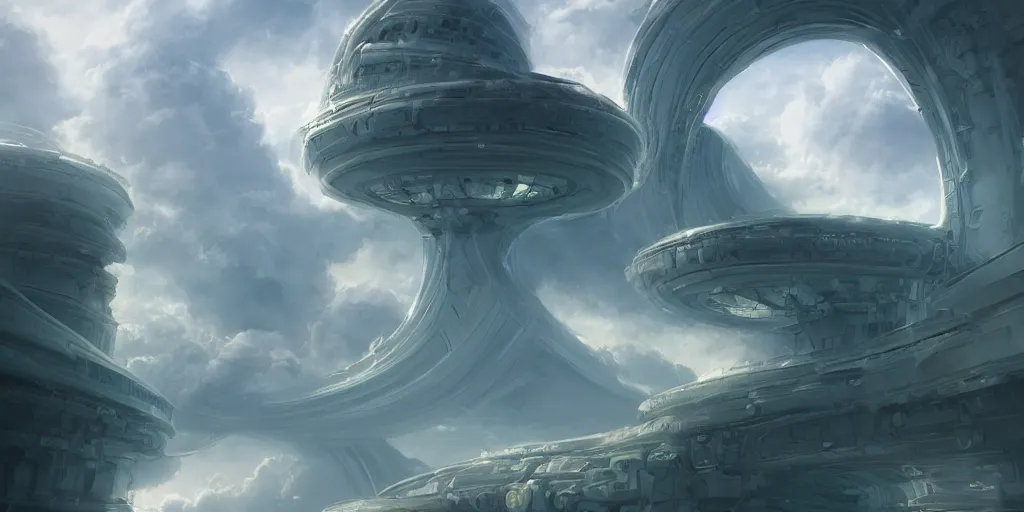 Prompt: beautiful digital illustration of a futuristic curvilinear palace in a sea of clouds by Andreas Rocha, curvilinear architecture, fluffy pastel clouds, establishing shot, cinematic, architecture, concept art, deviantArt, artsation, artstation HQ, HD, 16k resolution, smooth, sharp detail, amazing depth, octane, finalRender, Unreal Engine