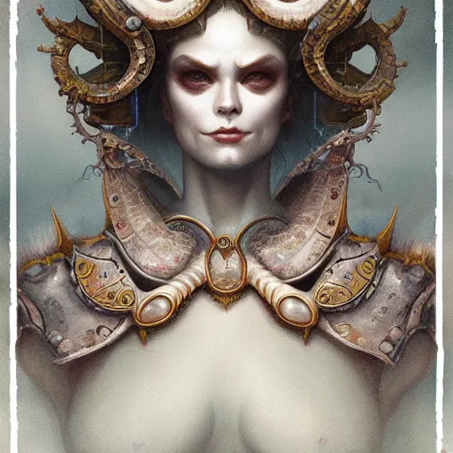 Prompt: soft painting of a curiosities carnival lovecraftian, blessing, porcelain beautiful young full armor, perfectly detailed, symmetrical accurate intricate sensual features, highly detailed, artstation, sharp focus, tom bagshaw esao andrews