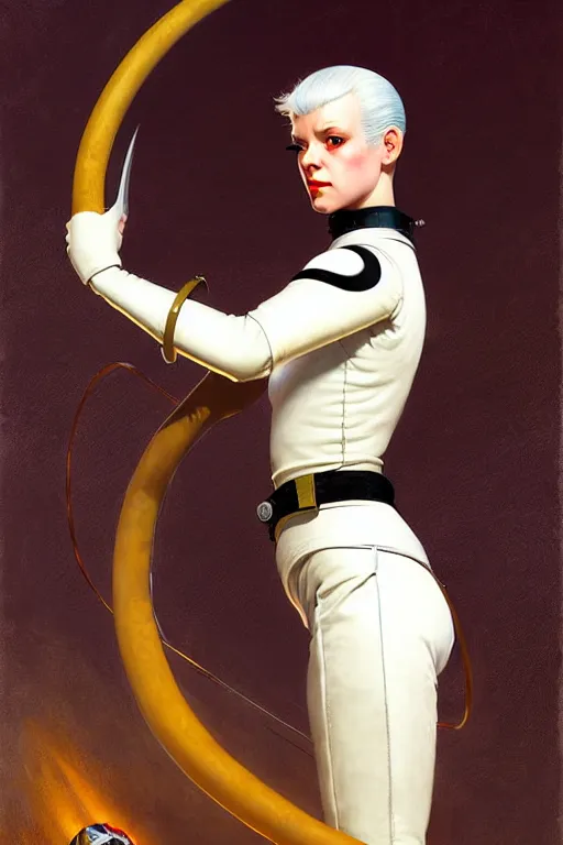 Image similar to pulp scifi fantasy illustration full body portrait android girl, fencer, white hair, in leather, by norman rockwell, roberto ferri, daniel gerhartz, edd cartier, jack kirby, howard v brown, ruan jia, tom lovell, frank r paul, jacob collins, dean cornwell, astounding stories, amazing, fantasy, other worlds