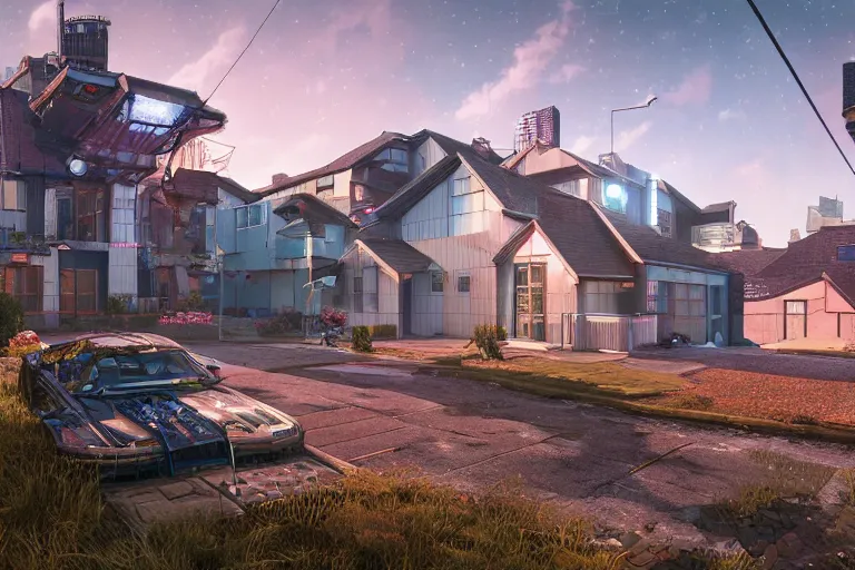 Prompt: cyberpunk, an estate agent listing photo, external view of a 5 bedroom detached house in the UK, it's summer, clear sky, by Paul Lehr, highly detailed, photorealistic, unreal engine, 8k,