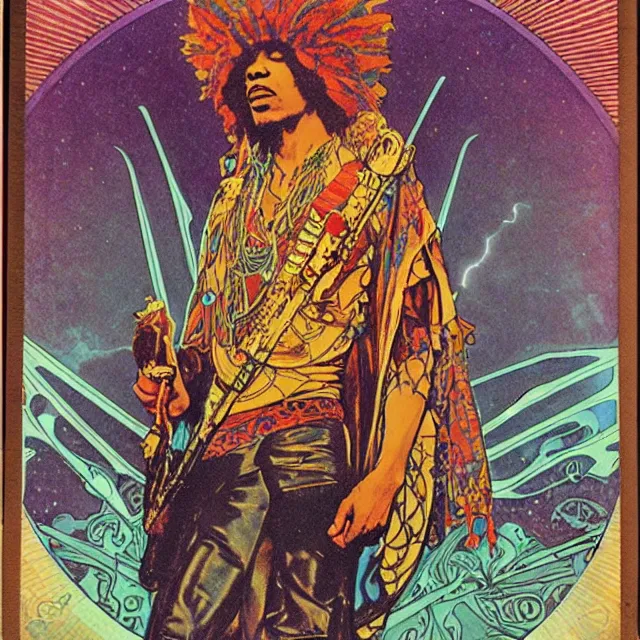 Prompt: polaroid of a vintage record cover by Franklin Booth showing a portrait of Jimi Hendrix as a futuristic space shaman, Alphonse Mucha background, psyadelic art, star map, smoke, sciFi