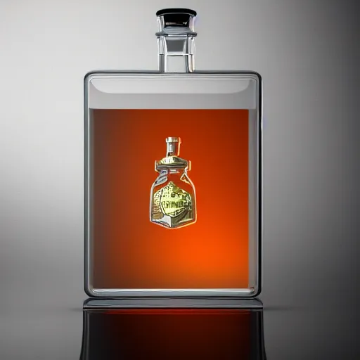 Image similar to transparent potion flask with engraved stallion on it, raytracing, caustics, 3d rendering, unreal engine, iray, vray, keyshot