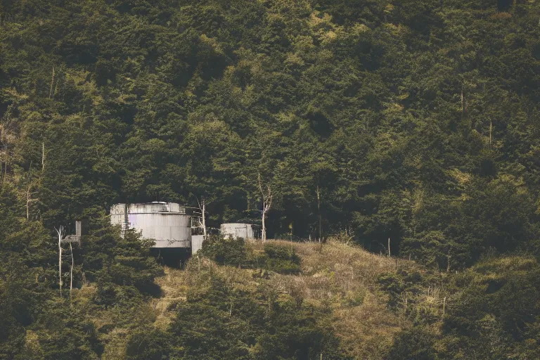 Image similar to sci fi nuclear containment buildings in a steep sided valley with trees, madman in gasmask fighting mutants, a sense of hope and optimism, birds overhead, stark light, day time, unsplash, national geographic, hd, high res
