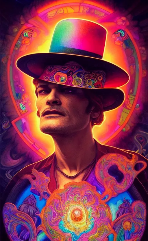 Image similar to An extremely psychedelic celestial quentin tarantino in his black fedora hat, colorful, surreal, dramatic lighting, magic mushrooms, psilocybin, LSD, face, detailed, intricate, elegant, highly detailed, digital painting, artstation, concept art, smooth, sharp focus, illustration, art by Krenz Cushart and Artem Demura and alphonse mucha