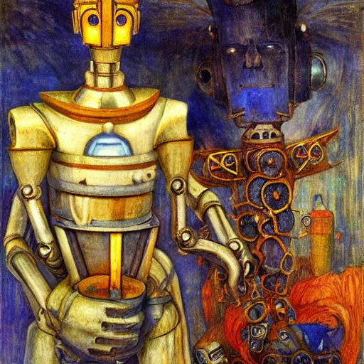 Image similar to the robot with his lantern and crown, by Annie Swynnerton and Diego Rivera , symbolist, dramatic lighting, elaborate geometric ornament, Art Brut, soft cool colors,smooth, sharp focus, extremely detailed, Adolf Wölfli and (Donato Giancola)