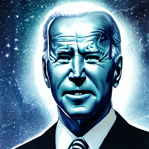 Prompt: joe biden portrait made out of galaxies, beautiful, cyborg, cinematic comic book art, realistic, highly detailed, octane render