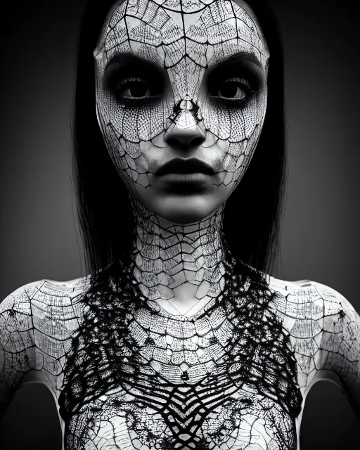 Prompt: surreal mythical dreamy dark artistic black and white fine art photo of a beautiful young female vampire - medus - cyborg covered with lace fish scales and translucent algae, highly detailed, intricate crystal ivy lace jelly fish scales ornate, spider web, poetic, octane render, 8 k, photo - realistic