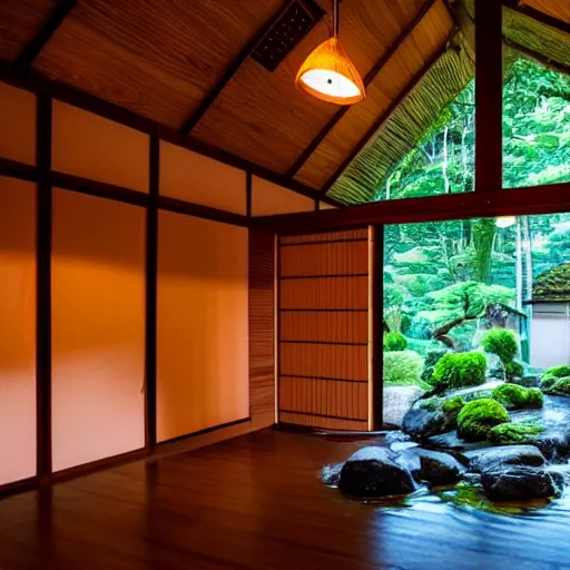 Image similar to inside a cozy dark wooden Japanese house with a indoor koi pond, bonsai trees, stream flowing through the house,fireflies, wild flowers, raining, bamboo forest, evening time, peaceful, calm, atmospheric