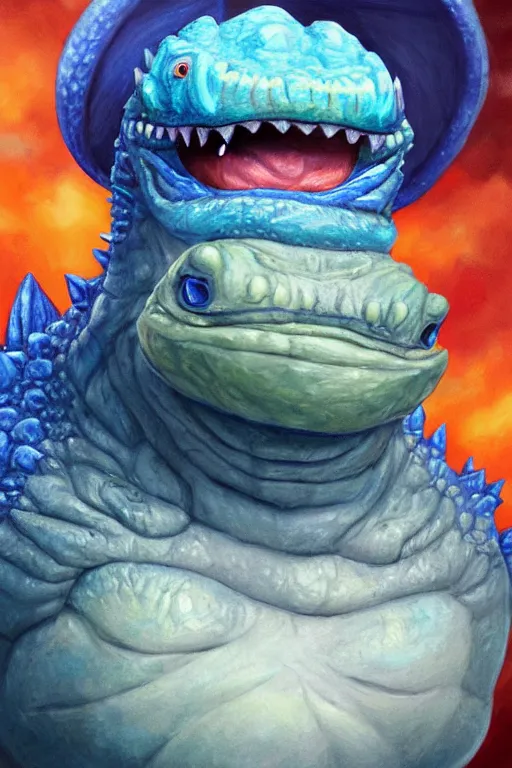 Prompt: a full body high detail fantasy portrait oil painting illustration of a tiny fat blue godzilla with a rainbow hat by justin sweet with face and body clearly visible, in a scenic background, pretty eyes, realistic proportions, d & d, rpg, forgotten realms, artstation trending, high quality, sombre mood, artstation trending, muted colours, entire person visible!