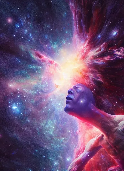 Image similar to nebula consciousness as a giant, stars surround him, interesting angle, sharp focus, 8 k high definition, insanely detailed, intricate, art by kazuya takahashi, fenghua zhong, sangsoo jeong, kevin hou