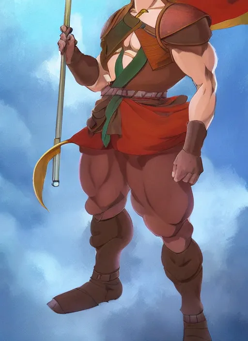 Prompt: official digital painting artwork of a male warrior character by don bluth, ross tran and studio ghibli.