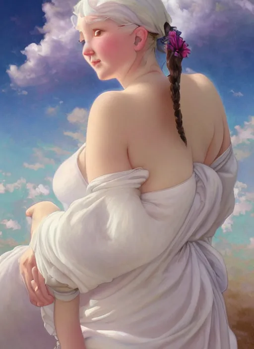 Image similar to a chubby white woman with pointed ears, wearing a white sundress, rainbow pastel clouds for hair, realistic painting by ross tran and gerald brom and alphonse mucha, artgerm, trending on artstation