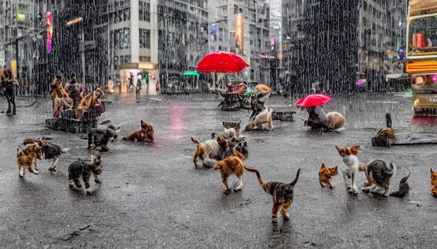 Image similar to its raining kittens and puppies in the most unusual storm ever, surprised people running for cover, some trying to catch the kittens, chaos in the city, high quality, high details, panoramic