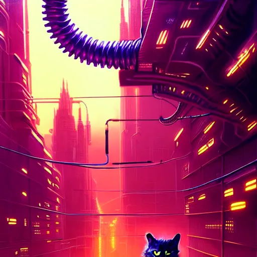 Image similar to cats cyborg inside an scifi tentacles wires futuristic city, beautiful neon cats, cinematic, highly detailed, photorealistic, rich bright colors, trending on artstation, giger, tsutomu nihei, trending on cgsociety, awe inspiring bruce pennington cityscape, digital art painting of 1 9 6 0 s