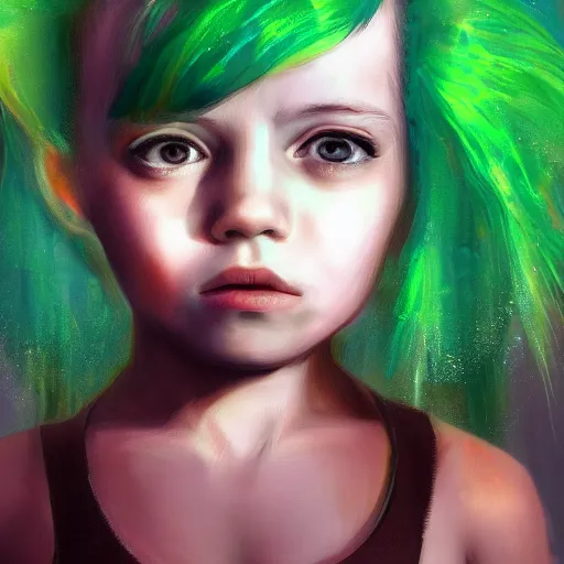 Image similar to glitchy child with green hair, lost soul, reflection, pov, ultra hd, artstation, high detail, digital art, oil on canvas