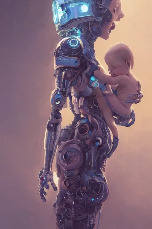 Image similar to Ultra realistic illustration, robot woman carrying a baby (baby with eyes closed), cyberpunk, sci-fi, fantasy, intricate, elegant, highly detailed, digital painting, artstation, concept art, smooth, sharp focus, illustration, art by artgerm and greg rutkowski and alphonse mucha