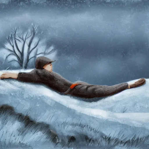 Image similar to a wide shot of a sad sniper laying on a mountain, digital art, acrylic, frost, cold, ice, scared, wind, storm, hiding, gloomy, tired,