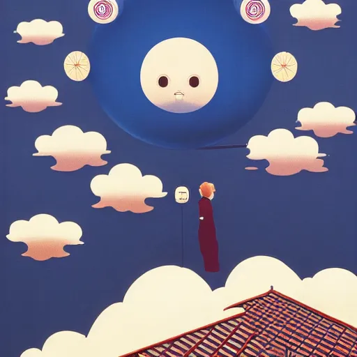 Image similar to a man walking on clouds away from the camera above kyoto by takashi murakami, beeple and james jean, aya takano color style, 4 k, super detailed, modern, 4 k, symmetrical