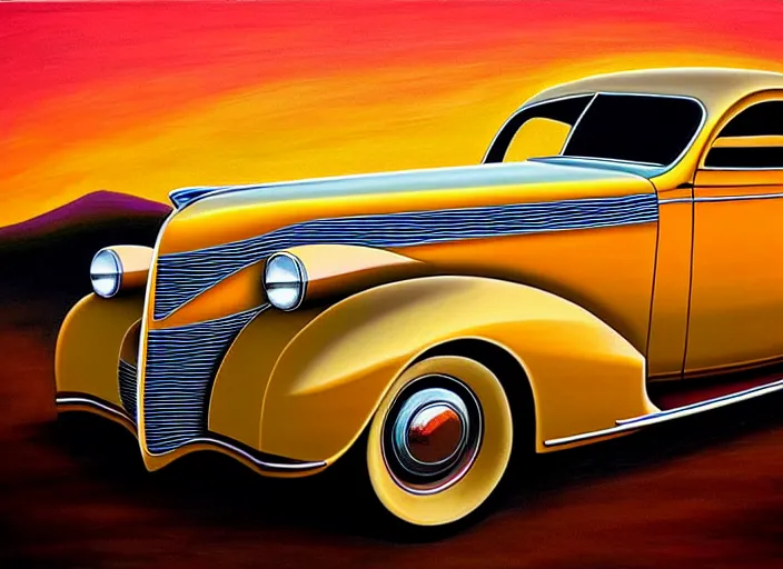 Image similar to beautiful painting, 1 9 3 7 pontiac sedan, two tone, tan with dark brown fenders, california background, sunset, dramatic lighting