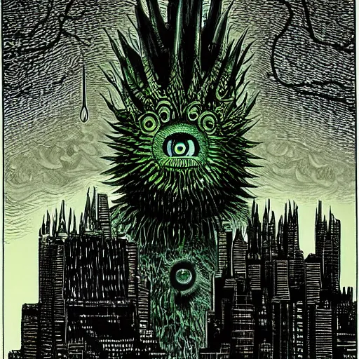 Image similar to by nick walker, by david a. hardy deep green, shaders lush. a beautiful illustration of a large, monster looming over a cityscape. the monster has several eyes & mouths, & its body is covered in spikes. it seems to be coming towards the viewer, who is looking up at it in fear.